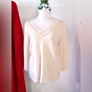Carmen Mark Valvo Cut Out V Neck Fine Knit Sweater Natural NWT
